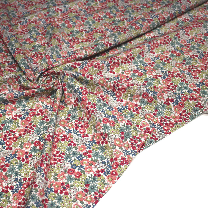 Tissu popeline de coton aux fines fleurs roses et vertes - COLLECTION FLORALE