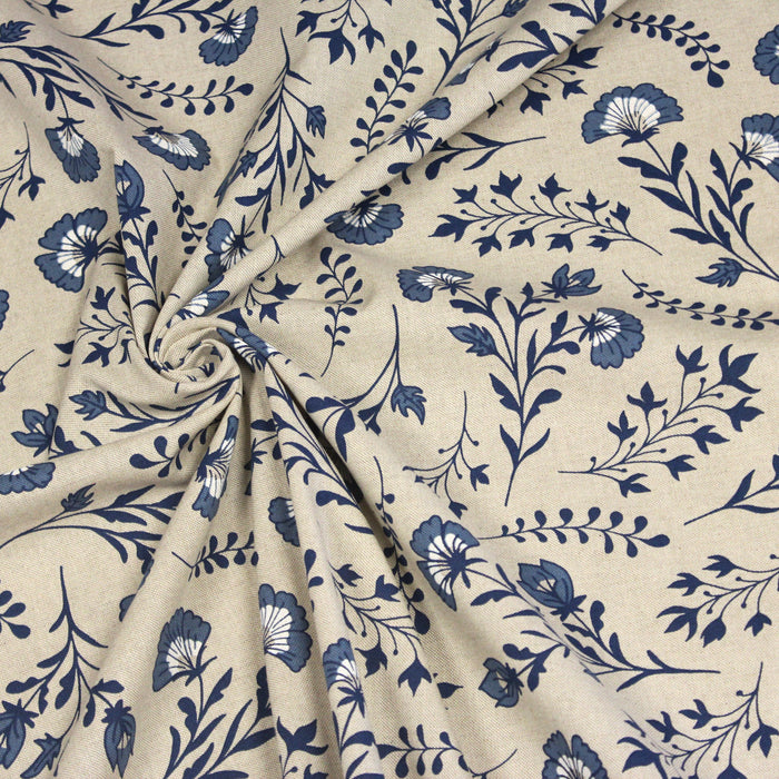 Tissu Toile de Jouy aux fleurs bleues et blanches, fond lin - OEKO-TEX