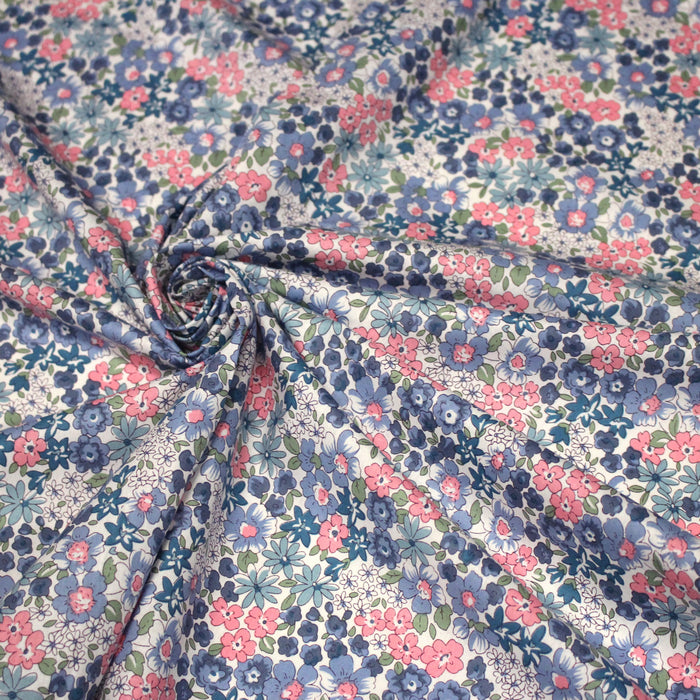 Tissu popeline de coton aux fines fleurs bleues et roses - COLLECTION FLORALE