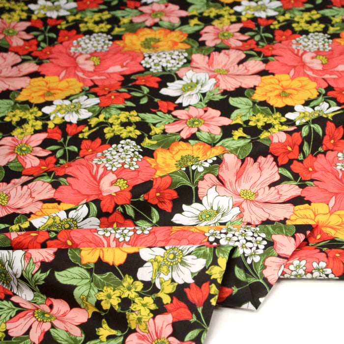 Tissu cotonnade noir aux fleurs multicolores - OEKO-TEX