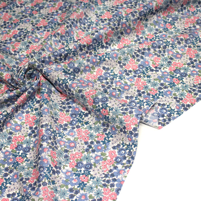 Tissu popeline de coton aux fines fleurs bleues et roses - COLLECTION FLORALE