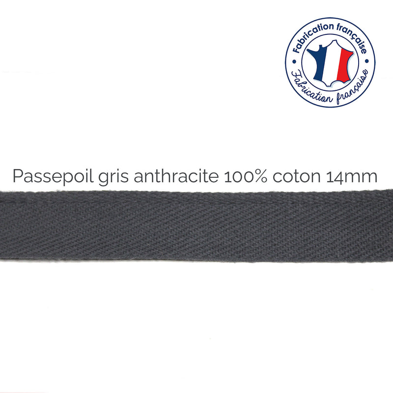 Bobine de 100m de passepoil gris anthracite, 100% coton, 14mm de large - TissusPapi.com