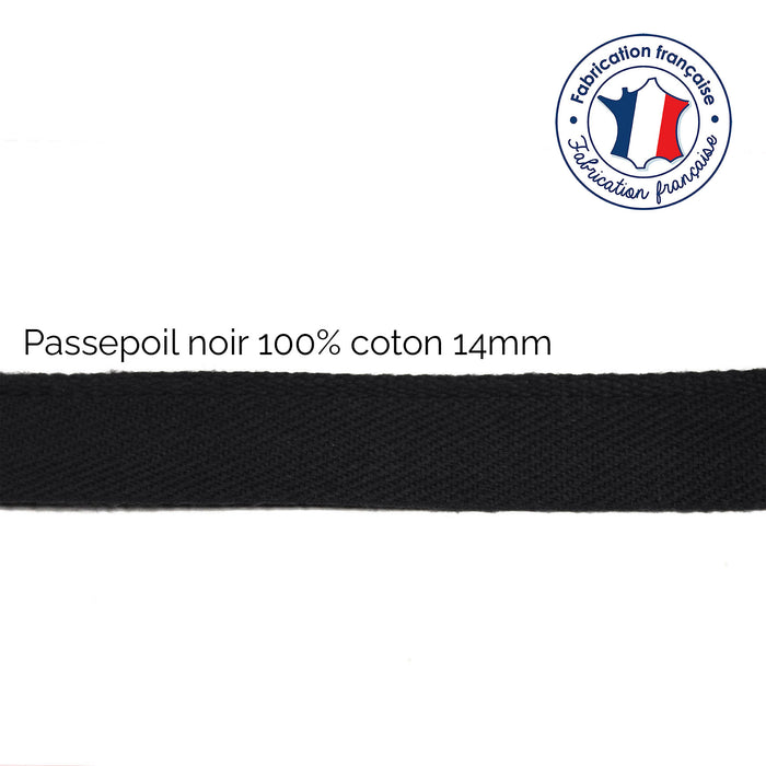 Bobine de 100m de passepoil noir, 100% coton, 14mm de large