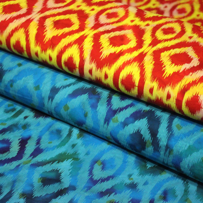 Tissu coton demi natté IKAT INDIEN imprimé traditionnel : bleu/vert ou rouge/jaune - MADE IN INDIA - TissusPapi.com