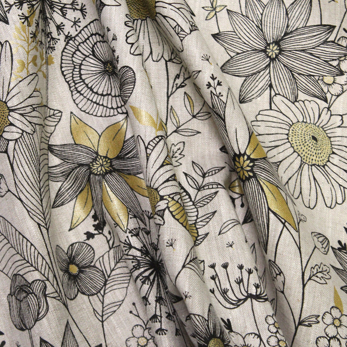 Tissu de lin imprimé aux fleurs et feuilles noires et or - COLLECTION FLORALE - Oeko-Tex