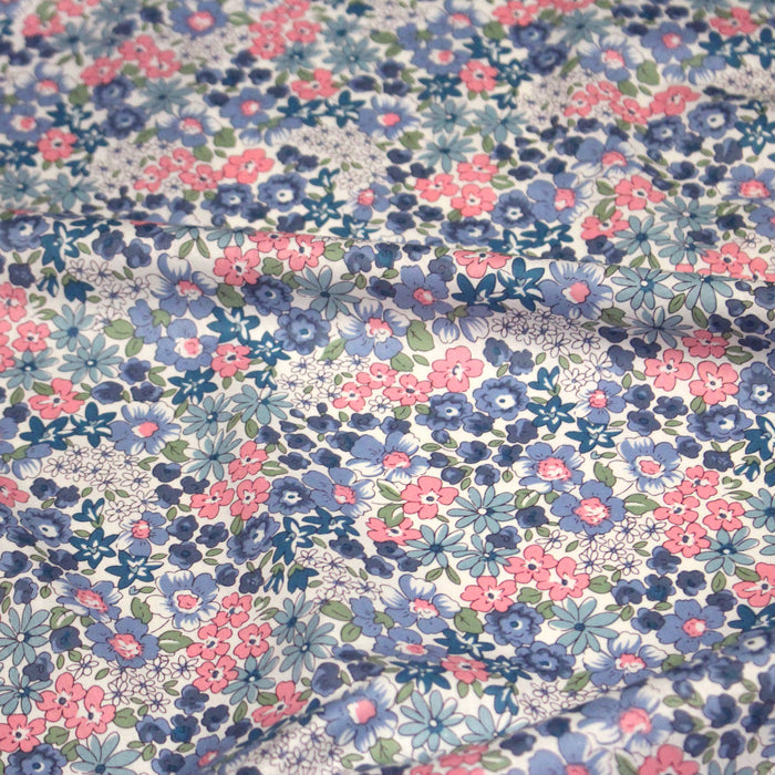 Tissu popeline de coton aux fines fleurs bleues et roses - COLLECTION FLORALE