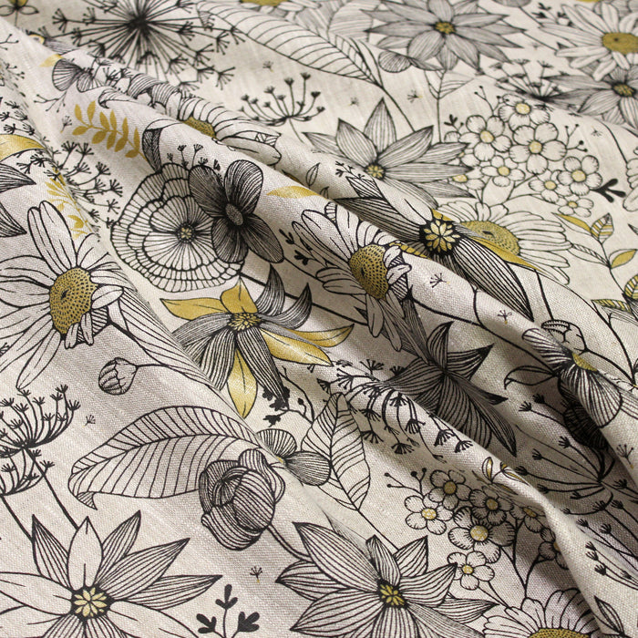 Tissu de lin imprimé aux fleurs et feuilles noires et or - COLLECTION FLORALE - Oeko-Tex