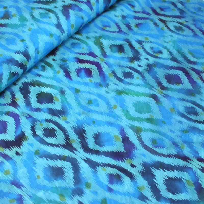 Tissu coton demi natté IKAT INDIEN imprimé traditionnel : bleu/vert ou rouge/jaune - MADE IN INDIA - TissusPapi.com
