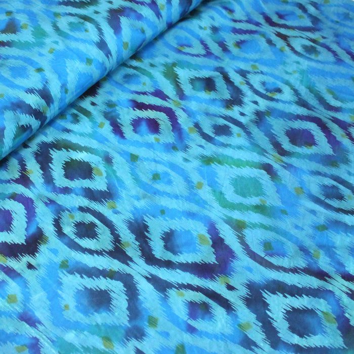 Tissu coton demi natté IKAT INDIEN imprimé traditionnel : bleu/vert ou rouge/jaune - MADE IN INDIA - TissusPapi.com