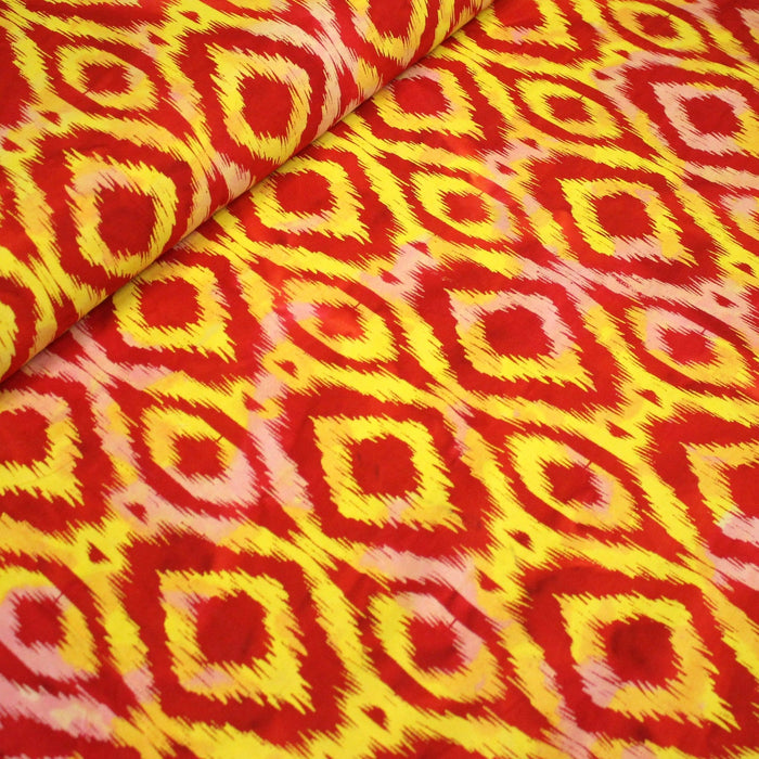 Tissu coton demi natté IKAT INDIEN imprimé traditionnel : bleu/vert ou rouge/jaune - MADE IN INDIA - TissusPapi.com
