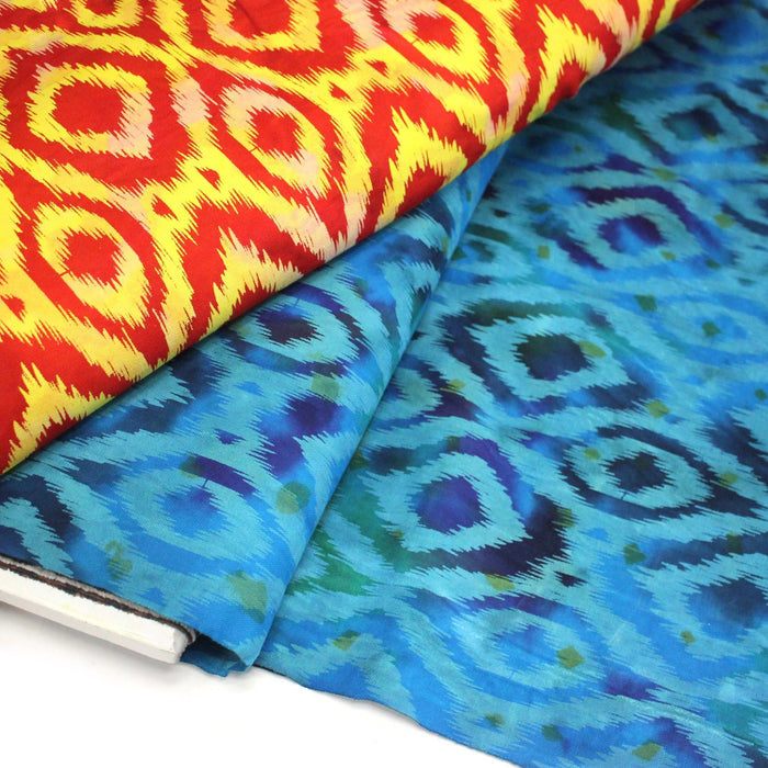 Tissu coton demi natté IKAT INDIEN imprimé traditionnel : bleu/vert ou rouge/jaune - MADE IN INDIA - TissusPapi.com