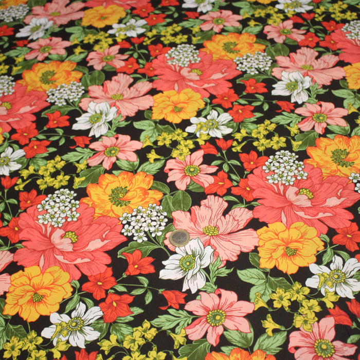 Tissu cotonnade noir aux fleurs multicolores - OEKO-TEX