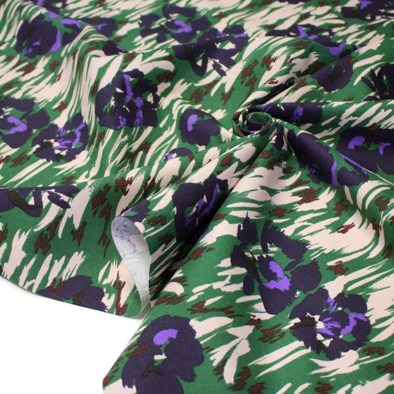 Tissu coton demi - natté SEVENTIES, fleuri vert violet - OEKO - TEX STANDARD 100 - TissusPapi.com