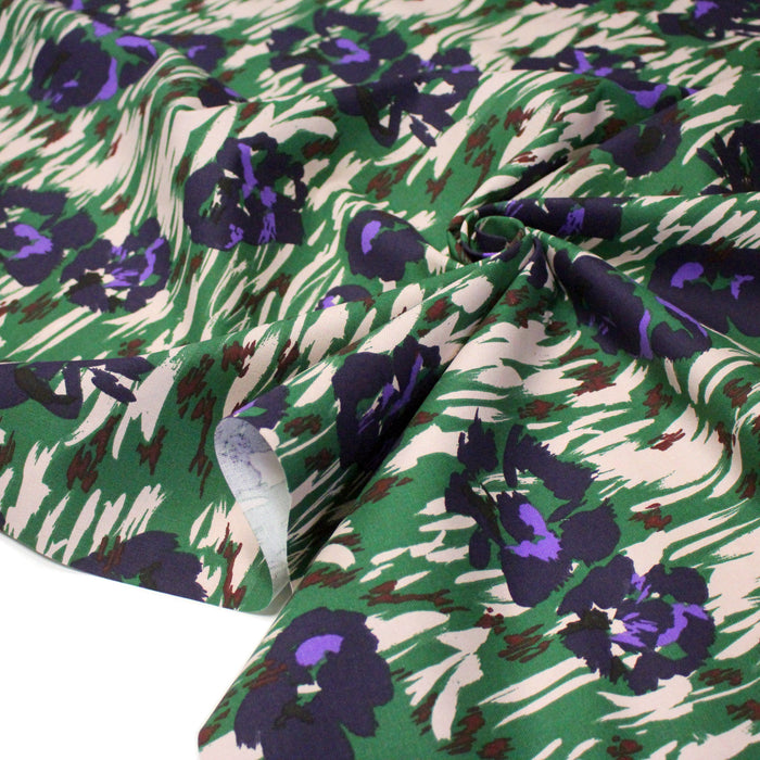 Tissu coton demi-natté SEVENTIES, fleuri vert violet - OEKO-TEX STANDARD 100