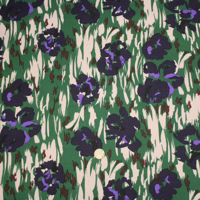 Tissu coton demi-natté SEVENTIES, fleuri vert violet - OEKO-TEX STANDARD 100