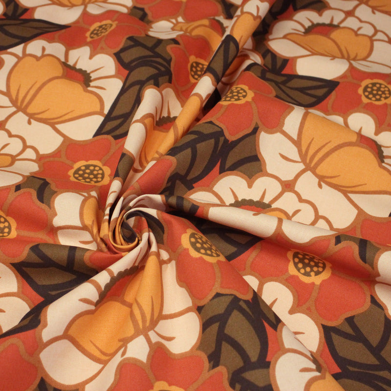 Tissu coton demi - natté SEVENTIES, fleuri rouille rose vert - OEKO - TEX STANDARD 100 - TissusPapi.com