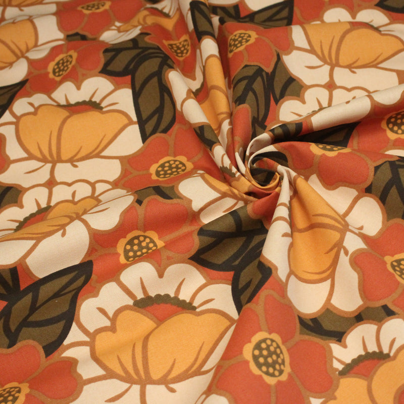 Tissu coton demi - natté SEVENTIES, fleuri rouille rose vert - OEKO - TEX STANDARD 100 - TissusPapi.com