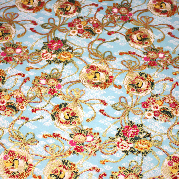 Tissu cotonnade motif japonais bleu ciel, motifs dorés & Seigaiha blanc - COLLECTION JAPON DORÉ