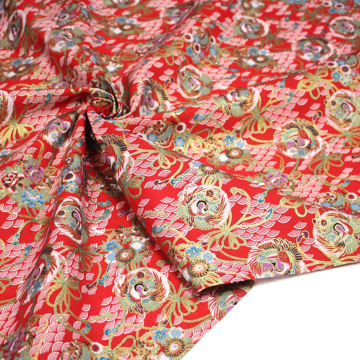 Tissu cotonnade motif japonais rouge, motifs dorés & Seigaiha blanc - COLLECTION JAPON DORÉ