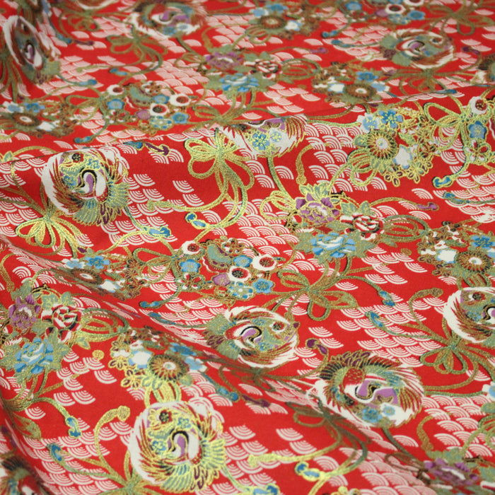 Tissu cotonnade motif japonais rouge, motifs dorés & Seigaiha blanc - COLLECTION JAPON DORÉ