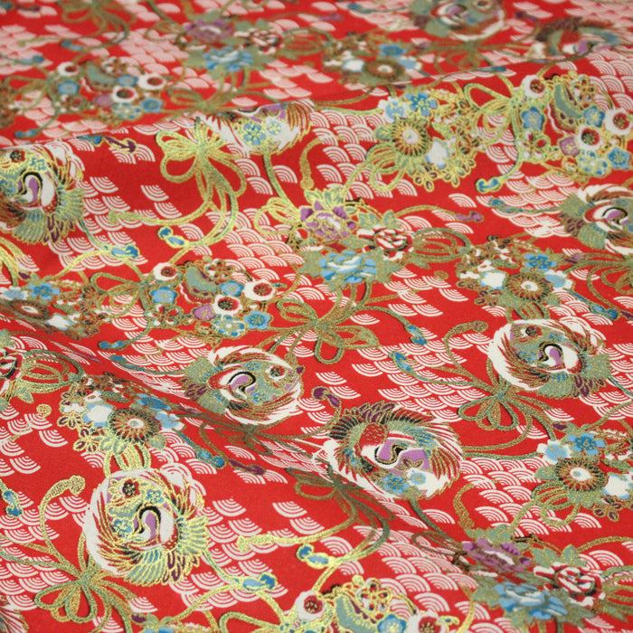 Tissu cotonnade motif japonais rouge, motifs dorés & Seigaiha blanc - COLLECTION JAPON DORÉ