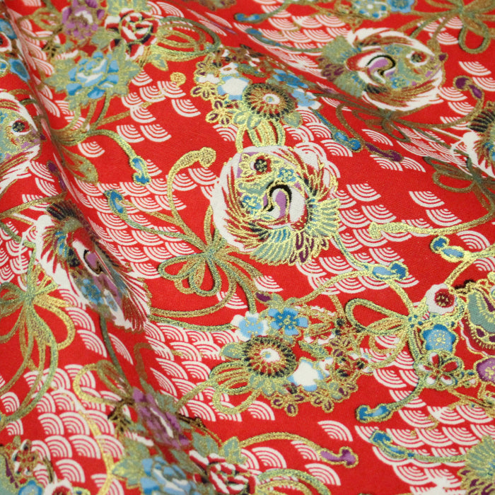 Tissu cotonnade motif japonais rouge, motifs dorés & Seigaiha blanc - COLLECTION JAPON DORÉ