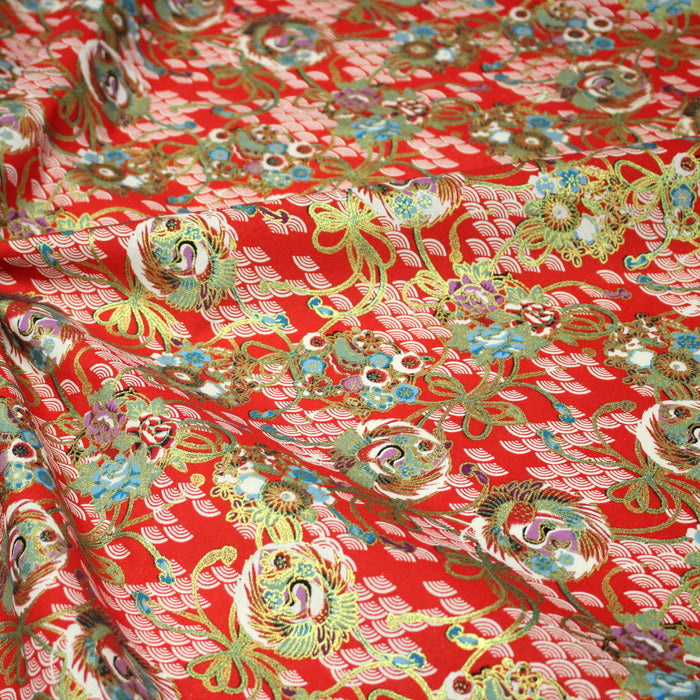 Tissu cotonnade motif japonais rouge, motifs dorés & Seigaiha blanc - COLLECTION JAPON DORÉ