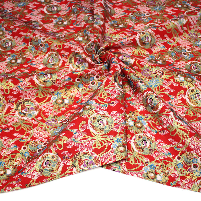 Tissu cotonnade motif japonais rouge, motifs dorés & Seigaiha blanc - COLLECTION JAPON DORÉ