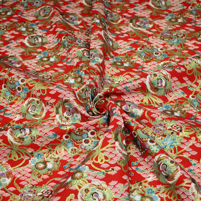 Tissu cotonnade motif japonais rouge, motifs dorés & Seigaiha blanc - COLLECTION JAPON DORÉ