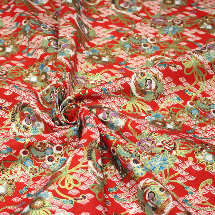 Tissu cotonnade motif japonais rouge, motifs dorés & Seigaiha blanc - COLLECTION JAPON DORÉ