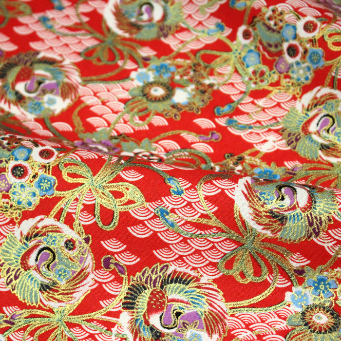 Tissu cotonnade motif japonais rouge, motifs dorés & Seigaiha blanc - COLLECTION JAPON DORÉ