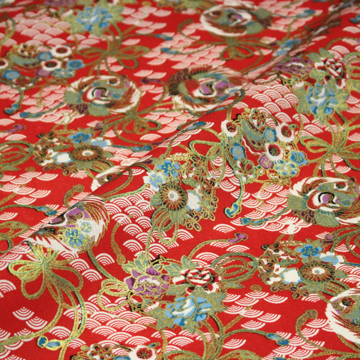 Tissu cotonnade motif japonais rouge, motifs dorés & Seigaiha blanc - COLLECTION JAPON DORÉ