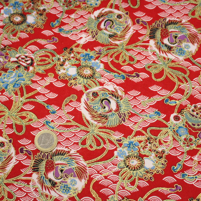 Tissu cotonnade motif japonais rouge, motifs dorés & Seigaiha blanc - COLLECTION JAPON DORÉ