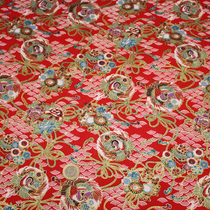 Tissu cotonnade motif japonais rouge, motifs dorés & Seigaiha blanc - COLLECTION JAPON DORÉ