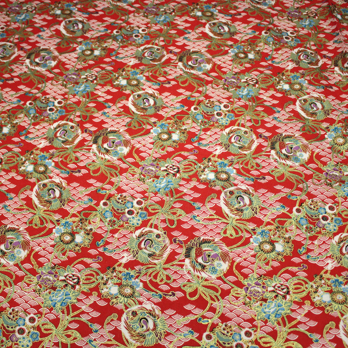 Tissu cotonnade motif japonais rouge, motifs dorés & Seigaiha blanc - COLLECTION JAPON DORÉ