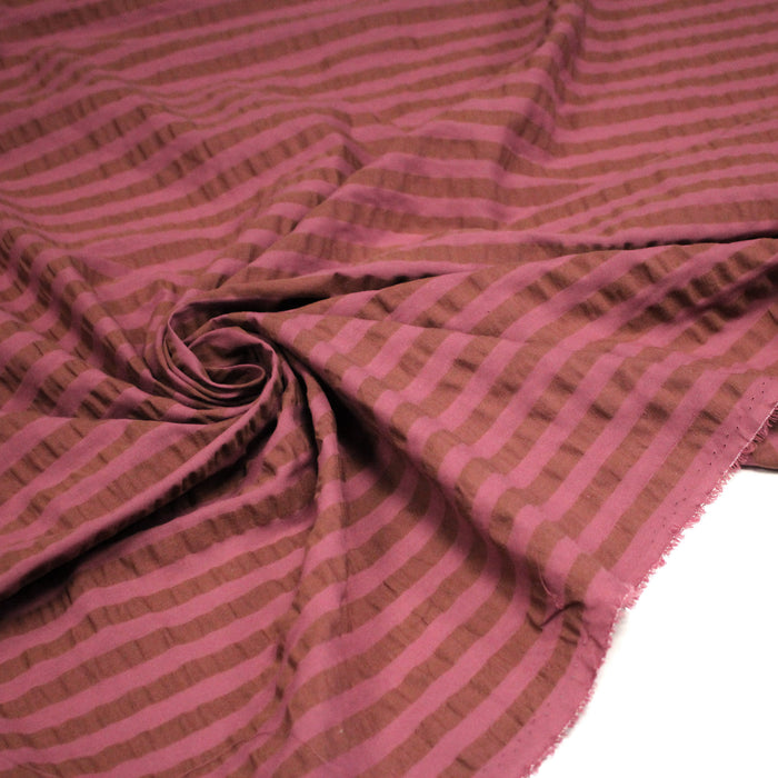Tissu seersucker coton rayé 1cm Rose et cacao - STANDARD 100 OEKO-TEX