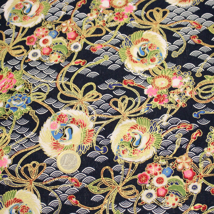 Tissu cotonnade motif japonais bleu marine, motifs dorés & Seigaiha blanc - COLLECTION JAPON DORÉ