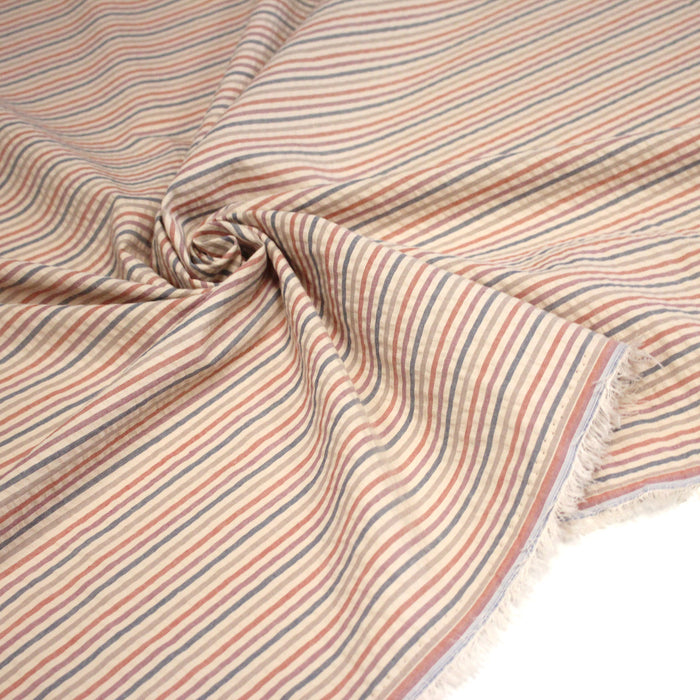 Tissu seersucker coton rayé 3mm Ecru bleu orange rose - STANDARD 100 OEKO-TEX