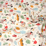 Tissu cotonnade enfant écru aux chiens, voitures, camions - STANDARD 100 OEKO - TEX - TissusPapi.com