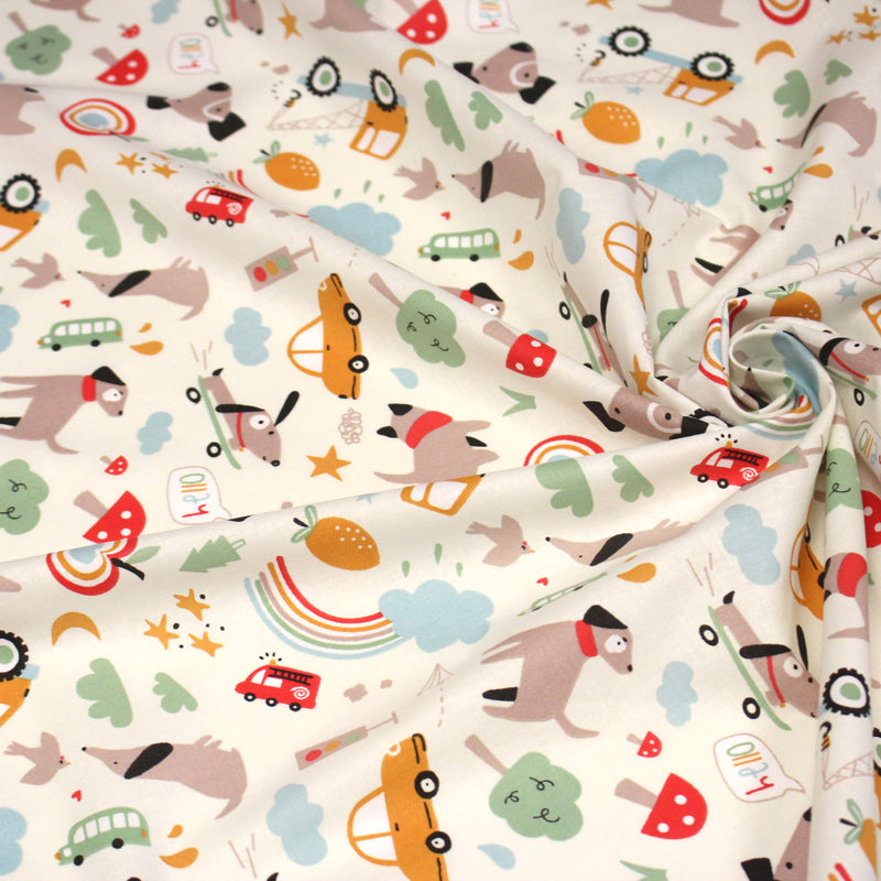 Tissu cotonnade enfant écru aux chiens, voitures, camions - STANDARD 100 OEKO - TEX - TissusPapi.com