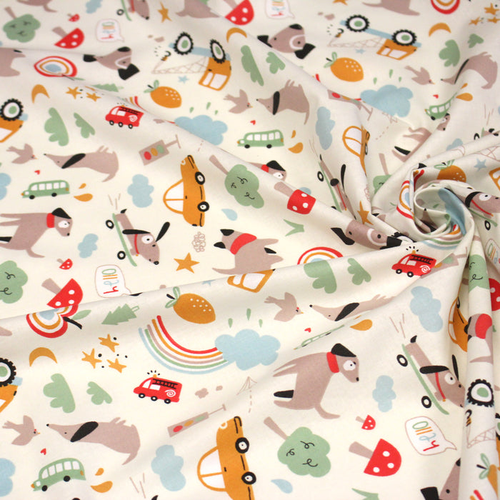 Tissu cotonnade enfant écru aux chiens, voitures, camions - STANDARD 100 OEKO-TEX