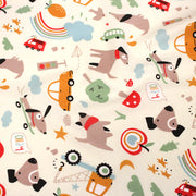 Tissu cotonnade enfant écru aux chiens, voitures, camions - STANDARD 100 OEKO - TEX - TissusPapi.com