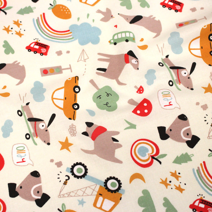 Tissu cotonnade enfant écru aux chiens, voitures, camions - STANDARD 100 OEKO-TEX