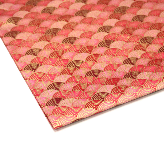 Tissu cotonnade motif vagues japonaises Seigaiha rouge, rose & doré - COLLECTION JAPON DORÉ