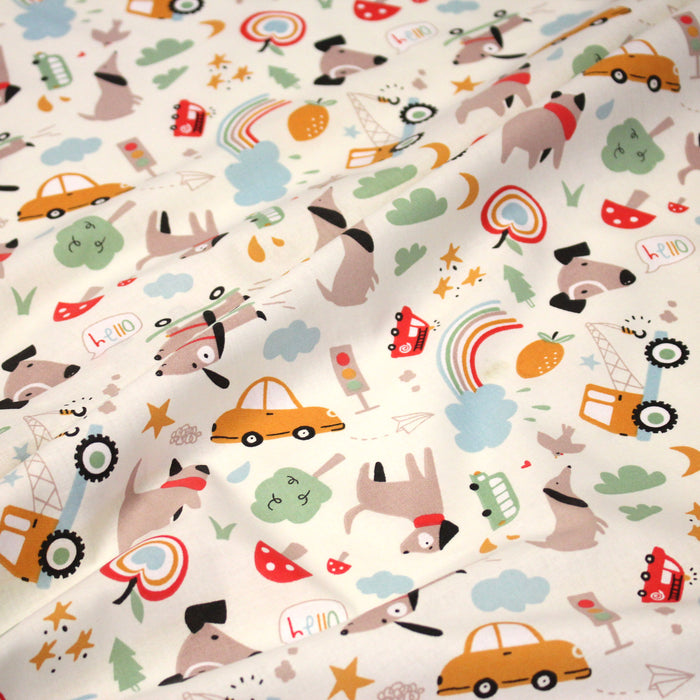 Tissu cotonnade enfant écru aux chiens, voitures, camions - STANDARD 100 OEKO-TEX