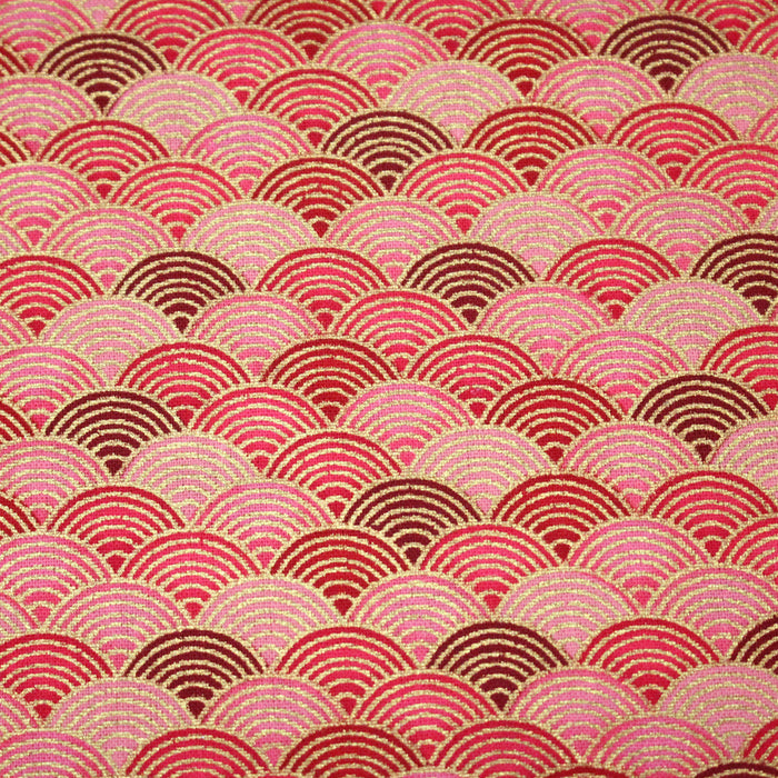 Tissu cotonnade motif vagues japonaises Seigaiha rouge, rose & doré - COLLECTION JAPON DORÉ