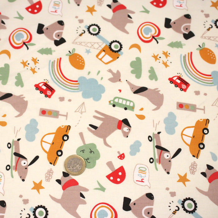 Tissu cotonnade enfant écru aux chiens, voitures, camions - STANDARD 100 OEKO-TEX