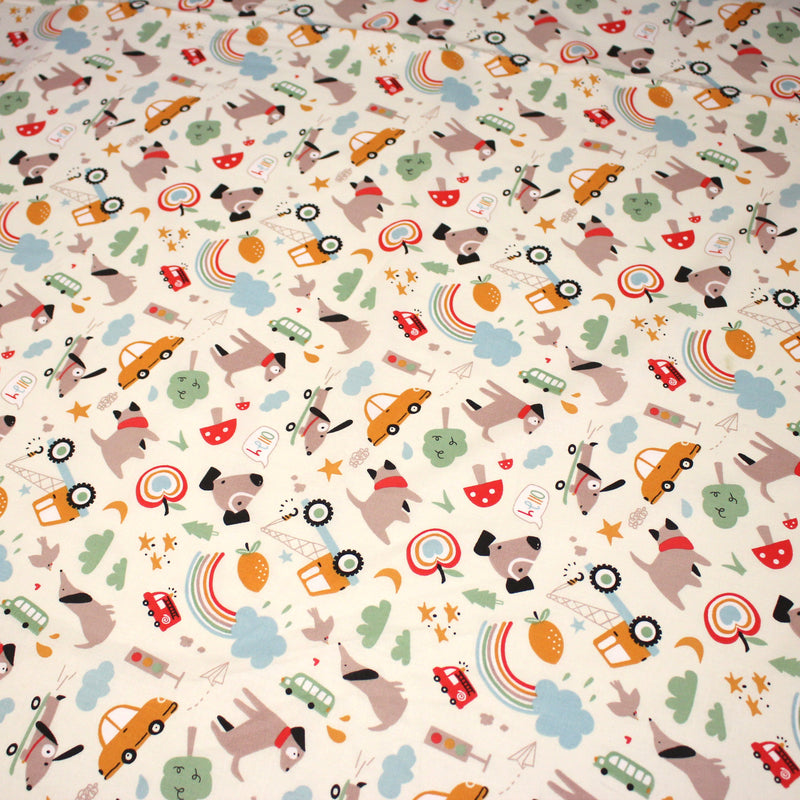 Tissu cotonnade enfant écru aux chiens, voitures, camions - STANDARD 100 OEKO - TEX - TissusPapi.com