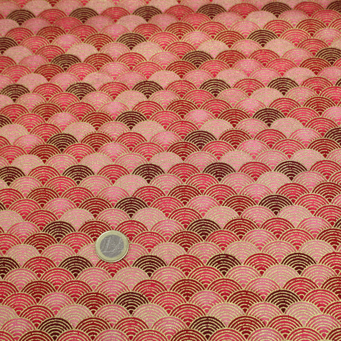 Tissu cotonnade motif vagues japonaises Seigaiha rouge, rose & doré - COLLECTION JAPON DORÉ