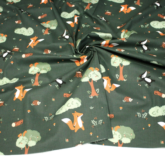 Tissu cotonnade enfant vert aux animaux de la forêt - STANDARD 100 OEKO-TEX
